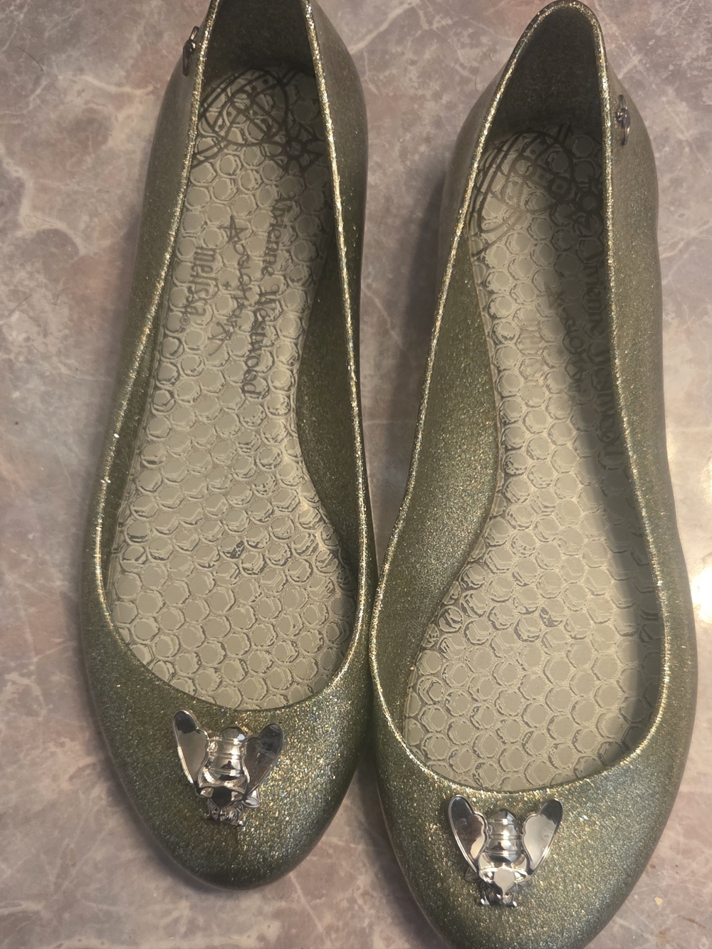 Vivienne Westwood Metallic Olive Green Jelly Ballet Flats with Silver Bee Accent
